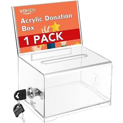 VOISEN Clear Donation Box with Lock,Ballot Box with Sign Holder,Suggestion Boxes for Fundraising, Tip Jar with Slot for School,Conference 6.2x4.6x3.9 Inch ProductsLogo