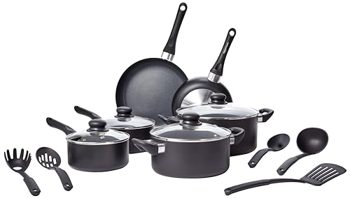 Amazon Basics Non Stick Kitchen Cookware 15-Piece Set, Non-Induction, Includes Pots, Pans, and Utensils, Black ProductsLogo