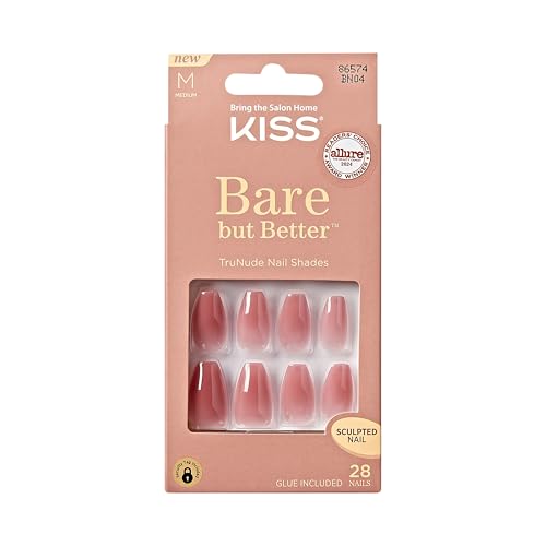 KISS Bare but Better, Press On Nails, Nail glue included, 'Nude Nude', Color, Medium Size, Coffin Shape, Includes 28 Nails, 2g glue, 1 Manicure Stick, 1 Mini File ProductsLogo
