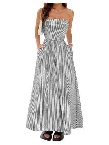 Milumia Women's Striped Strapless Maxi Dress Summer Flared Tube Top Long Dresses with Pocket Black and White Large ProductsLogo