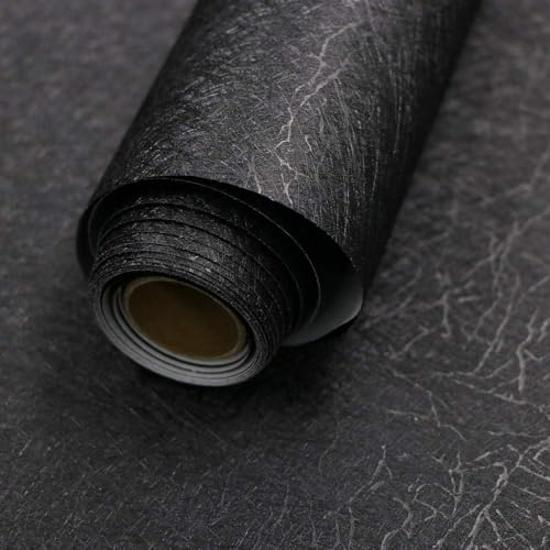 15.7" X 118" Black Silk Wallpaper Embossed Self Adhesive Peel and Stick Wallpaper Contact Paper Removable Waterproof Kitchen Vinyl Wrap Cabinet Furniture Textured Renter Friendly Wall Gift Paper ProductsLogo