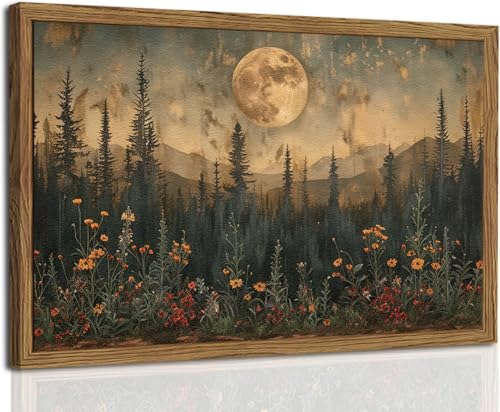 Vintage Moon Forest Wall Art, 3D Textured Nature Landscape Wall Decor Paintings, Hand Drawn Sandstone Woodland Wildflower Picture Prints Artwork for Bedroom Living Room 12x16 inch Wood Framed ProductsLogo