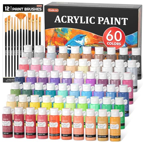 72 Pack Acrylic Paint Set, Shuttle Art 60 Colors Acrylic Paint Including Extra White Black & 12 Brushes, 2oz/60ml, Rich Pigmented, Water Proof, Ideal for Artists, Beginners on Canvas Rock Wood Ceramic ProductsLogo