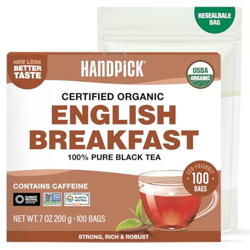 HANDPICK, Organic English Breakfast Black Tea Bags (100 Count) USDA Organic, Non-GMO | Strong, Robust, High-Caffeine Black Tea | Eco-conscious Tea Bags, Brew English Breakfast Tea & Kombucha Tea ProductsLogo
