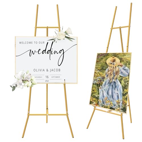 Gold Easel Stand for Sign - Heavy Duty Metal Freestanding Adjustable Display Stand (3-Tier), Large Professional Easel for Paintings, Artwork & Commercial Displays, Durable Exhibition Easel ProductsLogo