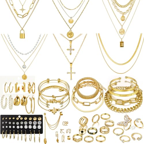 CONGYING 65 Pcs Gold Jewelry Set with 6Pcs Layered Necklace, 11 Pcs anklet and 7Pcs Earring Ear Cuff,11Hoop Earrings,15pcs Rings,15pcs stud earrings Jewerly set for Women Gift ProductsLogo