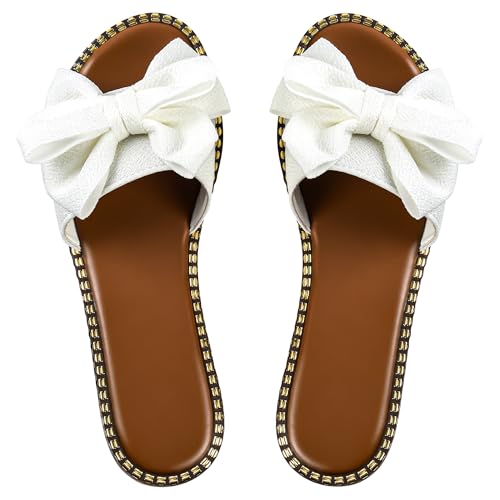 Sksshion Women's Bow Knot Slides Open Toe Flat Sandals Summer Slip On Slippers White 9.5 ProductsLogo
