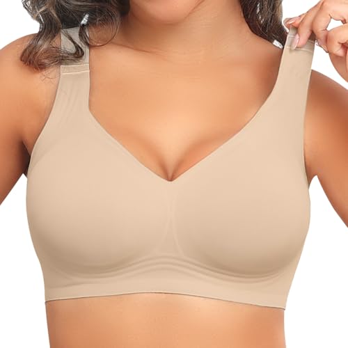 PoseFree Wireless Bras for Women Full Coverage Bra Full Support and Lift No Underwire Back Smoothing Bralette Everyday Bra (Nude,XL) ProductsLogo