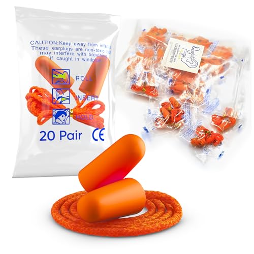 20 Pair Foam Ear Plugs with Cord - Soft & Comfortable Ear Protection - Disposable Ear Plugs Individually Wrapped with Noise Cancelling up to 32dB - Ideal for Sleeping Construction Shooting Sports ProductsLogo