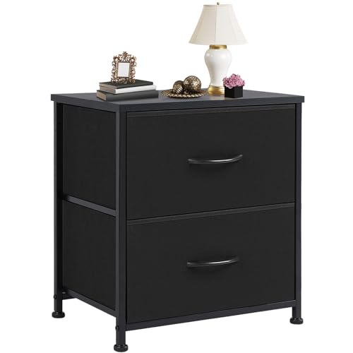 DUMOS Nightstand Small Dresser with 2 Fabric Drawers Side Tables Bedroom End Table Bedside Storage Furniture for 20 inch Tall Night Stand for Entryway, College Dorm, Classic Black ProductsLogo