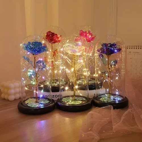 1pc Roses Gifts Artificial Flower Rainbow Rose Light Up In A Dome Gift For Mom Sister Wife Women Birthday Valentines Mother's Day Christmas Engagement ProductsLogo