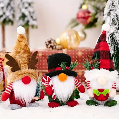 3pcs Christmas Decoration Supplies, Plaid Hat Forest Old Man Ornament Antler Gnome Rudolph Little Doll,Christmas Ornament, Elegant Decoration Desktop Faceless Gnome Standing Doll, Creative Decoration Doll Desktop Ornament ProductsLogo
